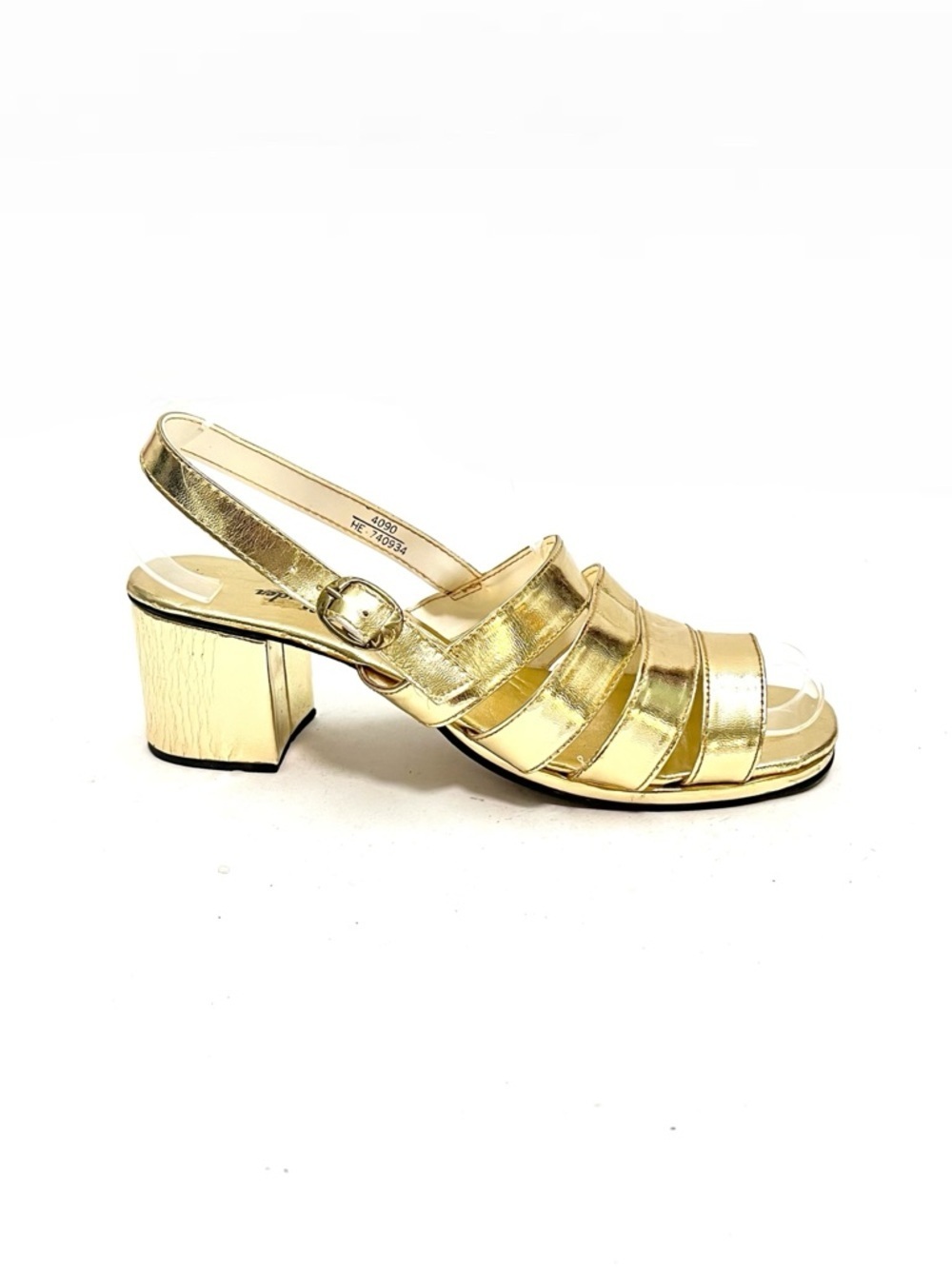Vintage 1960s metallic gold vegan leather strappy formal slingback heels